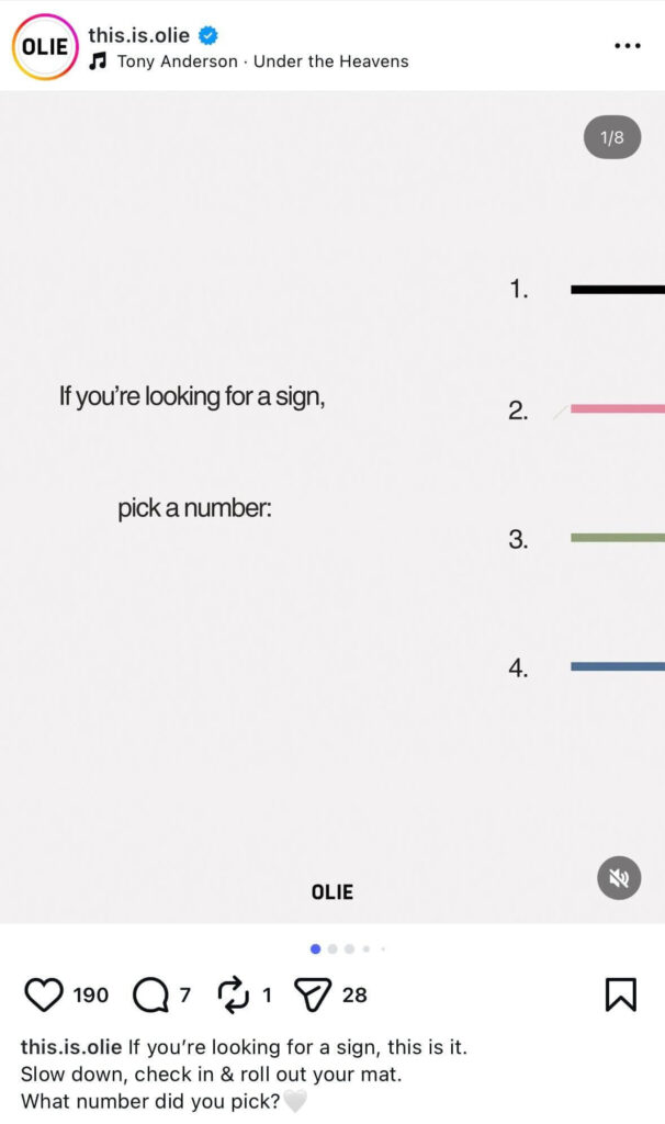 Minimal white graphic prompting viewers to “pick a number,” with numbered lines arranged vertically as an interactive Instagram carousel.