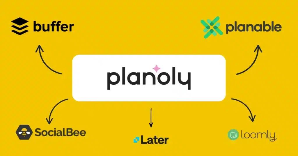 Comparison graphic showing Planoly centered as a social media scheduling tool, with arrows pointing to alternatives including Buffer, Planable, SocialBee, Later, and Loomly, used to illustrate different Planoly alternatives for Instagram and social media content planning.