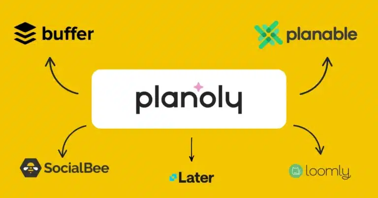 Comparison graphic showing Planoly centered as a social media scheduling tool, with arrows pointing to alternatives including Buffer, Planable, SocialBee, Later, and Loomly, used to illustrate different Planoly alternatives for Instagram and social media content planning.