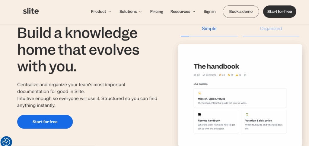 Slite website landing page showing tagline ‘Build a knowledge home that evolves with you,’ a call-to-action button to start for free, and a preview of a digital handbook interface.