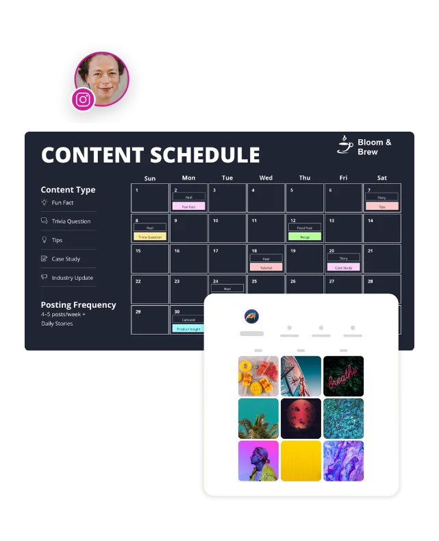 Monthly content schedule with color-coded post types and an Instagram grid preview showing how planned posts appear on a profile.