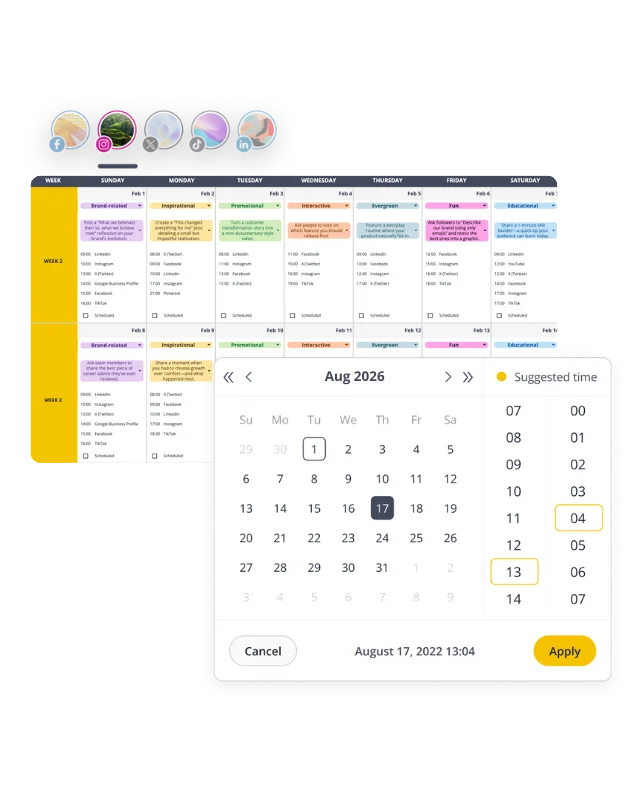 Social media content calendar for February 2026 with category-labeled posts and a scheduling popup showing suggested posting times.