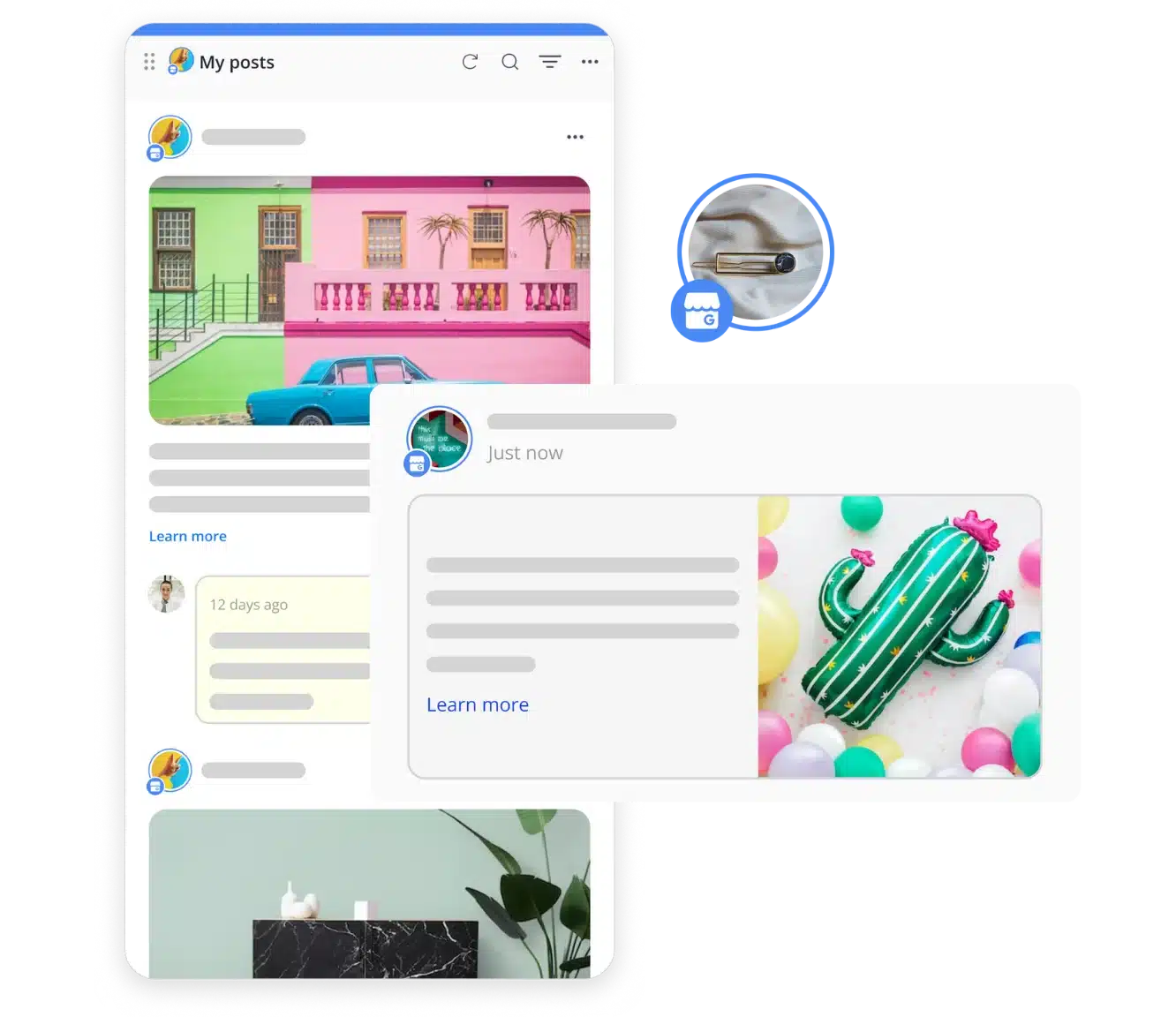 Social media post previews displayed in a dashboard-style interface, including colorful image posts such as a bright building, a cactus balloon, and home decor. A Google Business Profile icon appears next to the posts, indicating publishing or scheduling features.