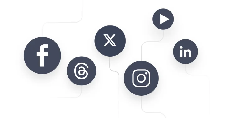 Dark circular icons representing Facebook, Threads, X (formerly Twitter), Instagram, LinkedIn, and YouTube.