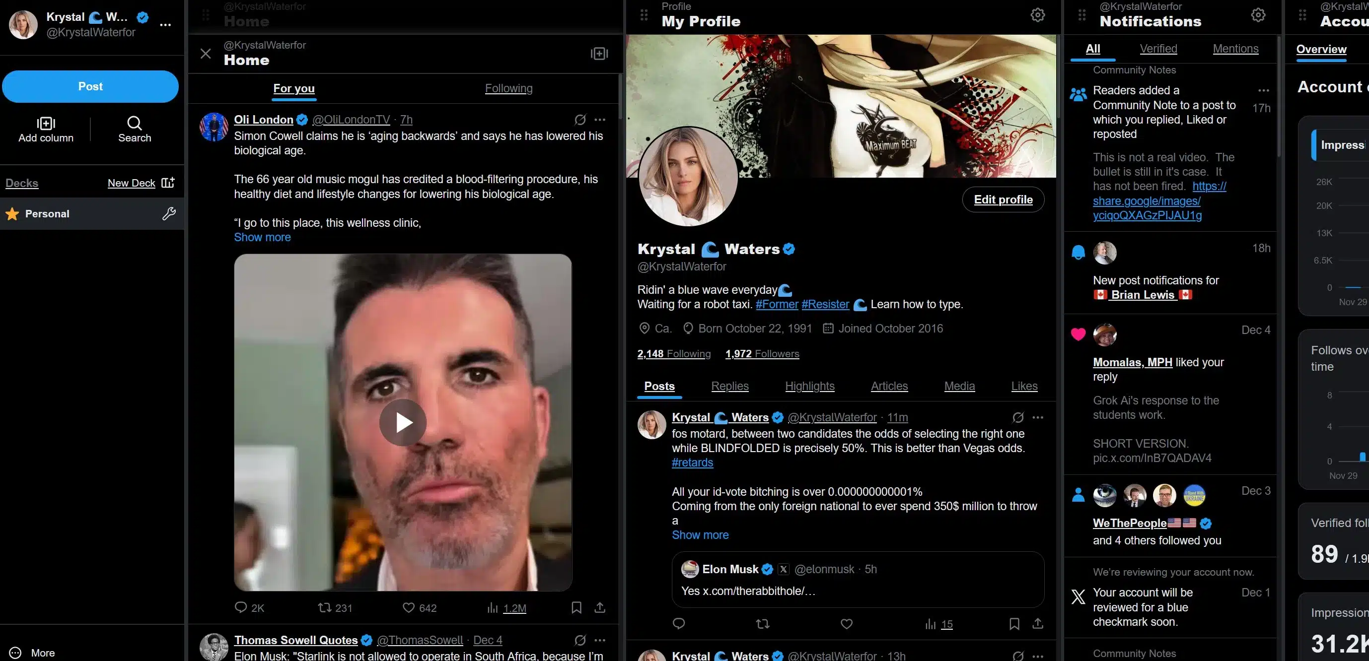 Split-screen X Pro dashboard displaying multiple columns: the user’s home feed, profile overview, notifications, and account analytics. The layout shows tweets, engagement metrics, and menu options for managing posts and columns.