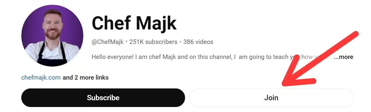 YouTube channel header for Chef Majk showing the channel name, profile photo, subscriber count, and a highlighted “Join” button used to access paid YouTube channel memberships.