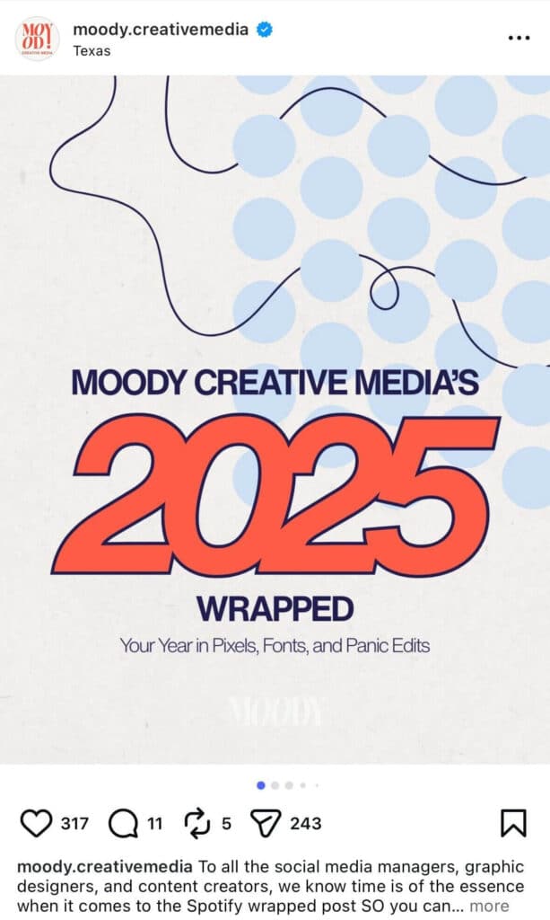 Graphic reading “Moody Creative Media’s 2025 Wrapped” with playful typography and abstract dots, styled like a Spotify Wrapped recap.