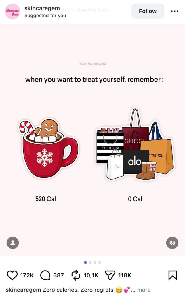 Illustration comparing a holiday hot chocolate labeled “520 Cal” with luxury shopping bags labeled “0 Cal,” suggesting shopping as a guilt-free treat.