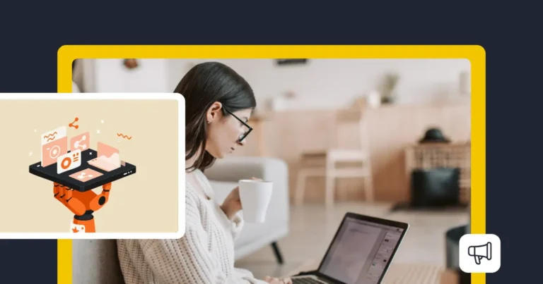 Woman sitting on a couch working on a laptop while holding a coffee mug, with an abstract illustration of AI-powered content creation displayed in the foreground.