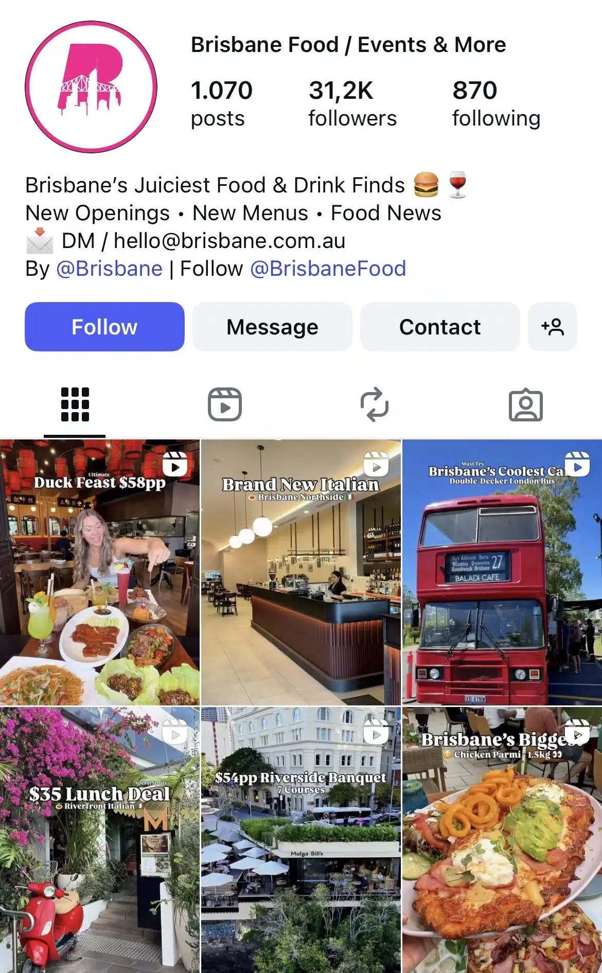 Instagram profile for a Brisbane food and events page showing follower count, bio with food highlights, and a grid of posts featuring restaurant dishes, local eateries, and dining experiences.