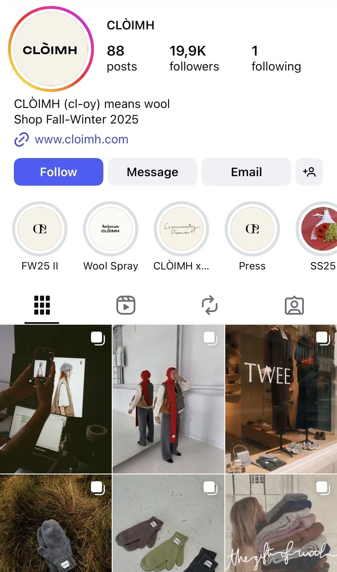 nstagram profile for wool-focused brand CLÒIMH, featuring a minimalist bio, story highlights for product lines, and a grid showing studio shoots, mannequins styled in winter apparel, store displays, knit gloves, and folded wool garments.