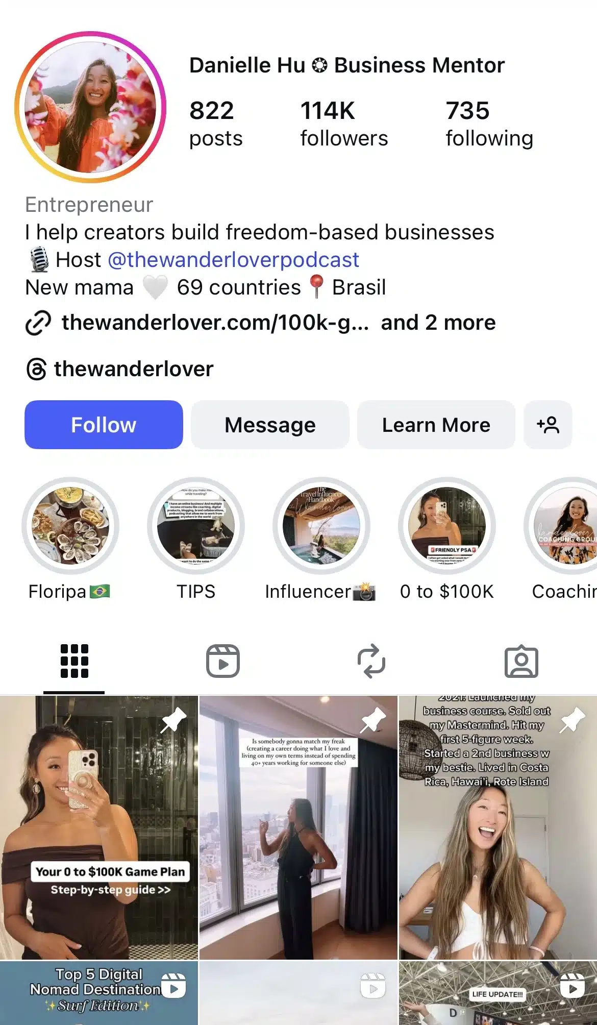 Instagram profile of business mentor Danielle Hu showcasing her travel-focused coaching brand, story icons for tips and influencer advice, and recent posts about digital nomad life and earning $0 to $100K online.