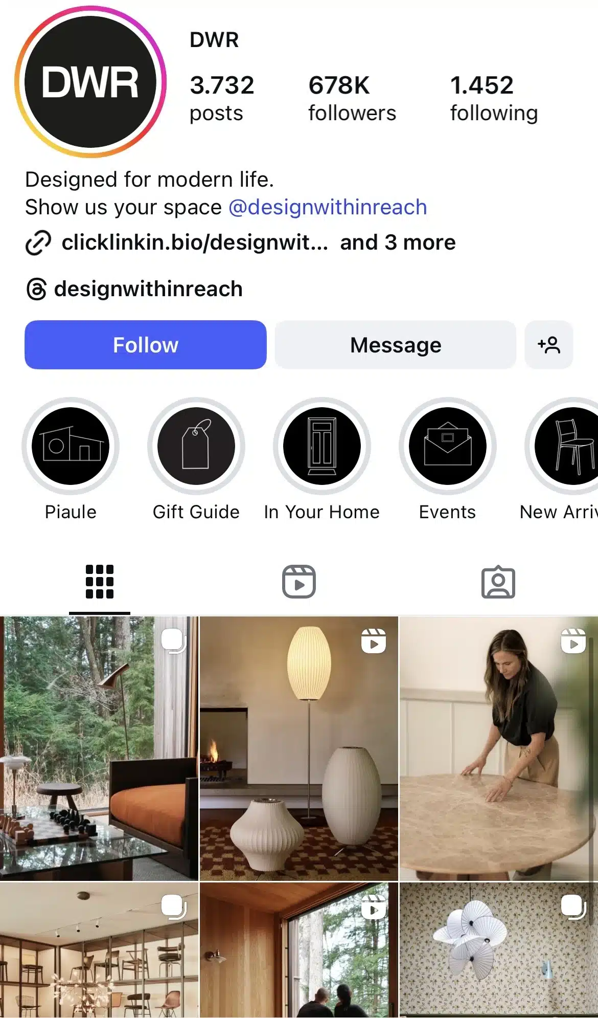 Instagram profile for Design Within Reach featuring modern furniture and home decor, with story highlights for gift guides and new arrivals, and a grid showing minimalist interiors, sculptural lighting, and styled home vignettes.