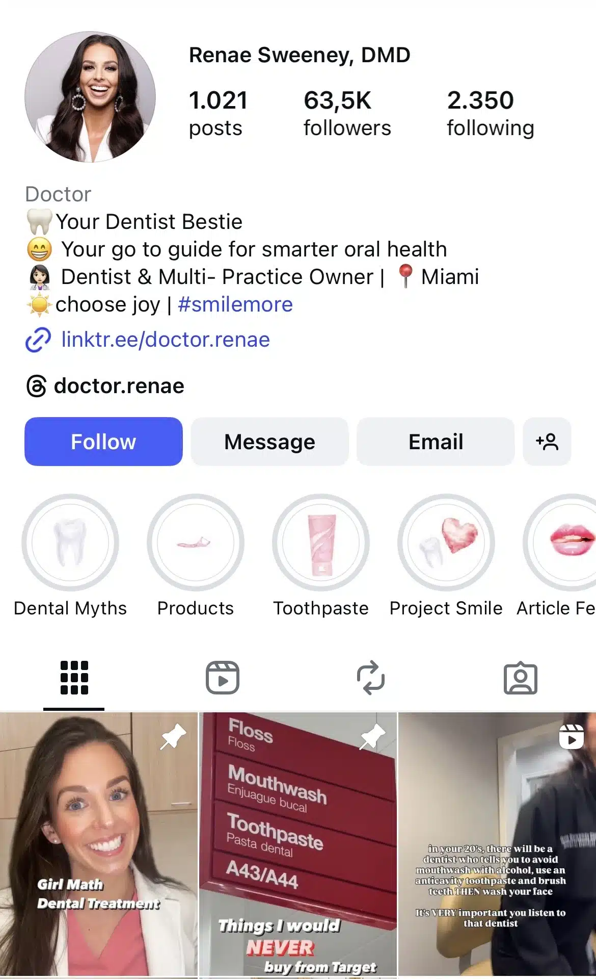 Instagram profile of dentist Renae Sweeney, DMD, showing her bio about oral health guidance, links, and highlight icons for dental myths, products, and toothpaste, with recent posts featuring dental tips and patient education.