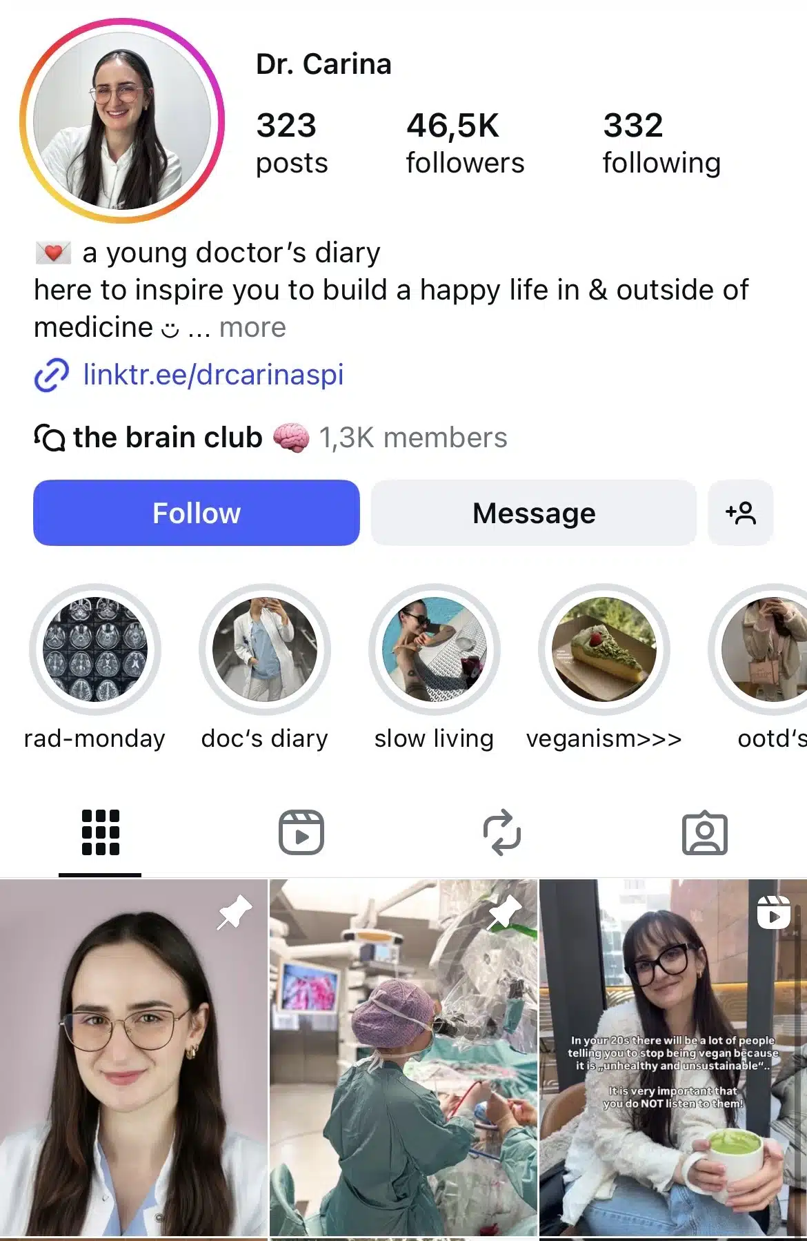 Instagram profile of Dr. Carina showcasing her lifestyle-focused medical content, with highlights on radiology, daily doctor life, slow living, and veganism, plus recent posts featuring portraits, operating-room moments, and wellness advice.