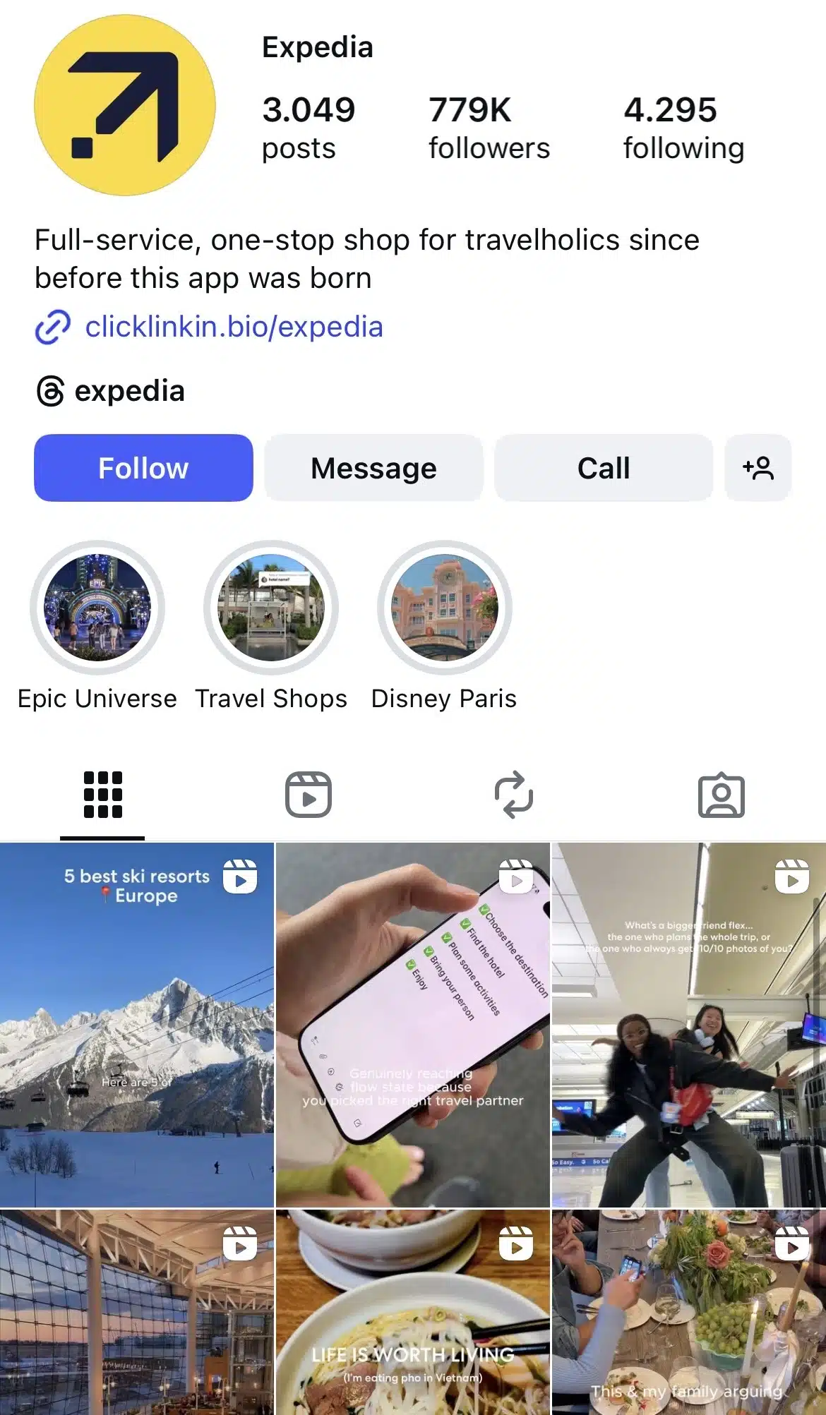 Instagram profile for Expedia featuring travel tips and destination highlights, with story categories like Epic Universe and Disney Paris, and a grid showing ski resorts, airport moments, travel checklists, and meals from trips abroad.