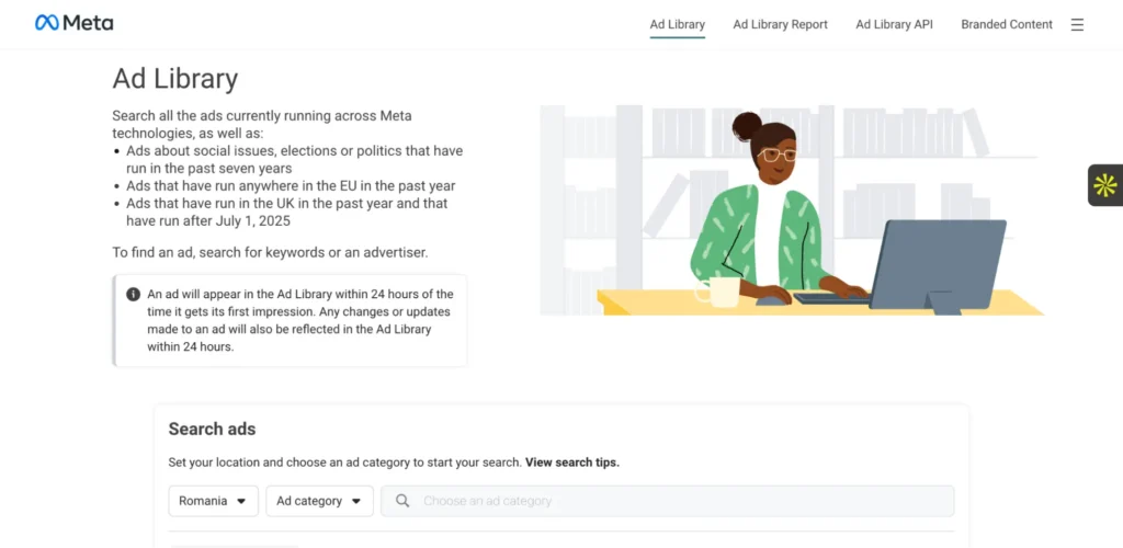 Meta Ad Library homepage showing search filters, ad categories, and an illustration of a person working at a desk.