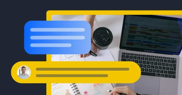 Illustration of a social media planning scene with a laptop, coffee cup, notebook, and floating chat message elements in blue and yellow, representing content scheduling and online communication.