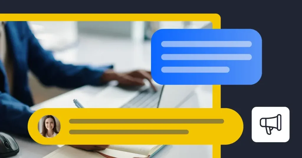 Stylized marketing graphic showing a person working on a laptop with layered message bubbles and a megaphone icon.