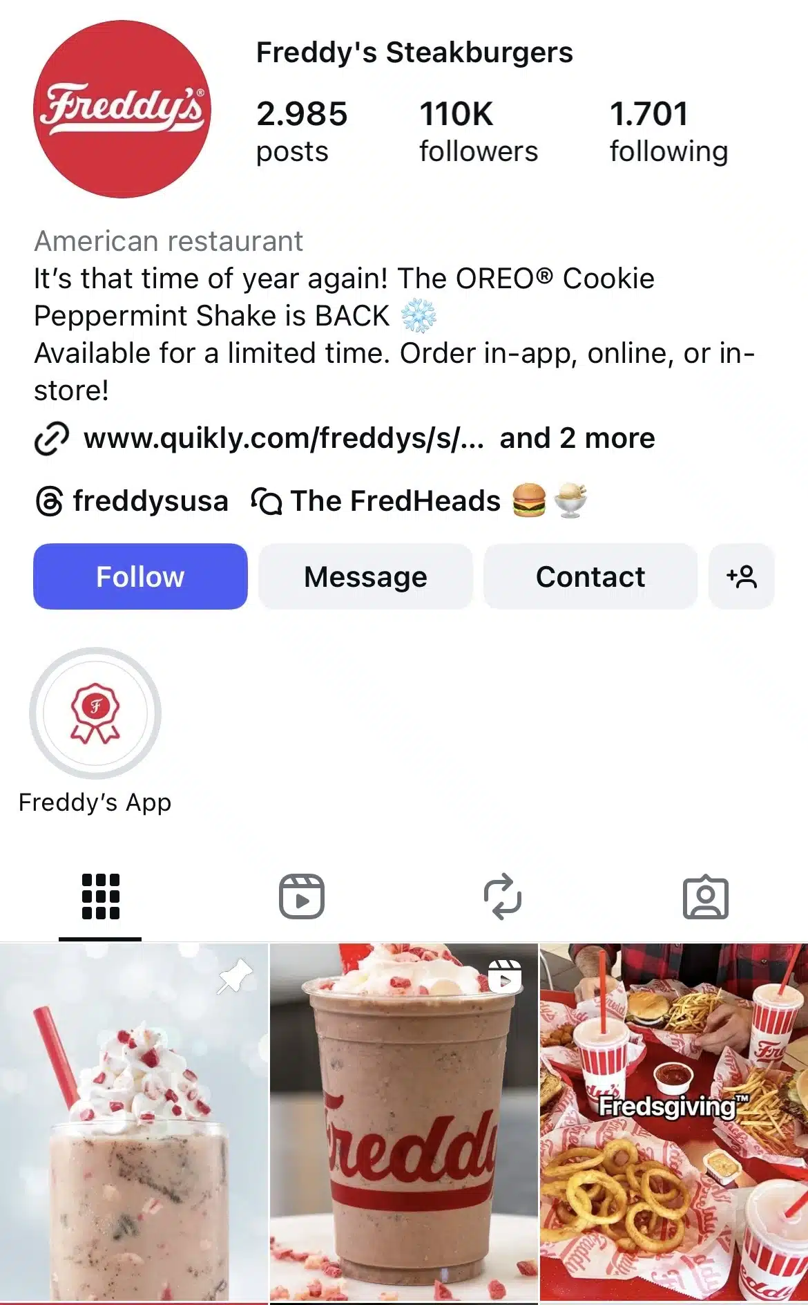 Instagram profile for a burger restaurant showcasing its seasonal Oreo cookie peppermint shake announcement, links, and a grid of posts featuring milkshakes, fries, and classic American fast-food meals.