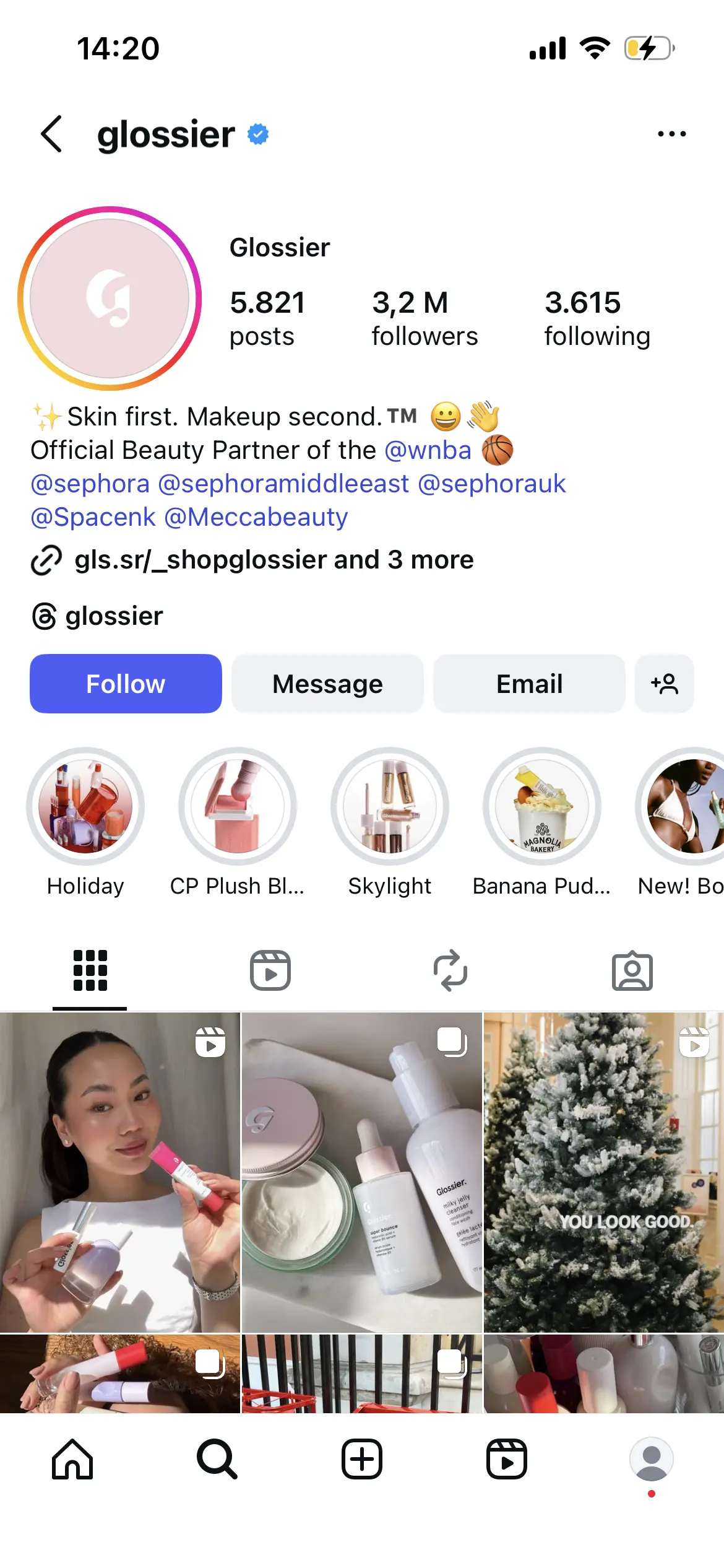 nstagram profile for beauty brand Glossier, highlighting a skincare-first tagline, partner mentions, and story highlights for product collections, with a grid of posts featuring models using Glossier makeup, product flat lays, and a holiday tree with branding.