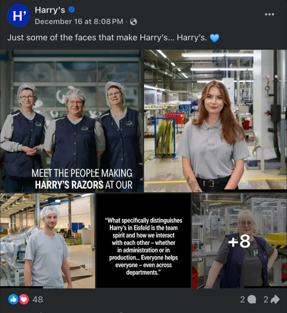 Group of factory employees standing in a production facility, wearing work uniforms, featured in a branded social media post by Harry’s.