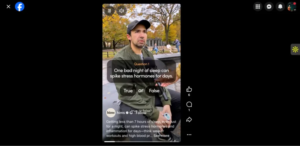 Person sitting outdoors being interviewed on camera, with on-screen text asking a true-or-false question about sleep and stress hormones.