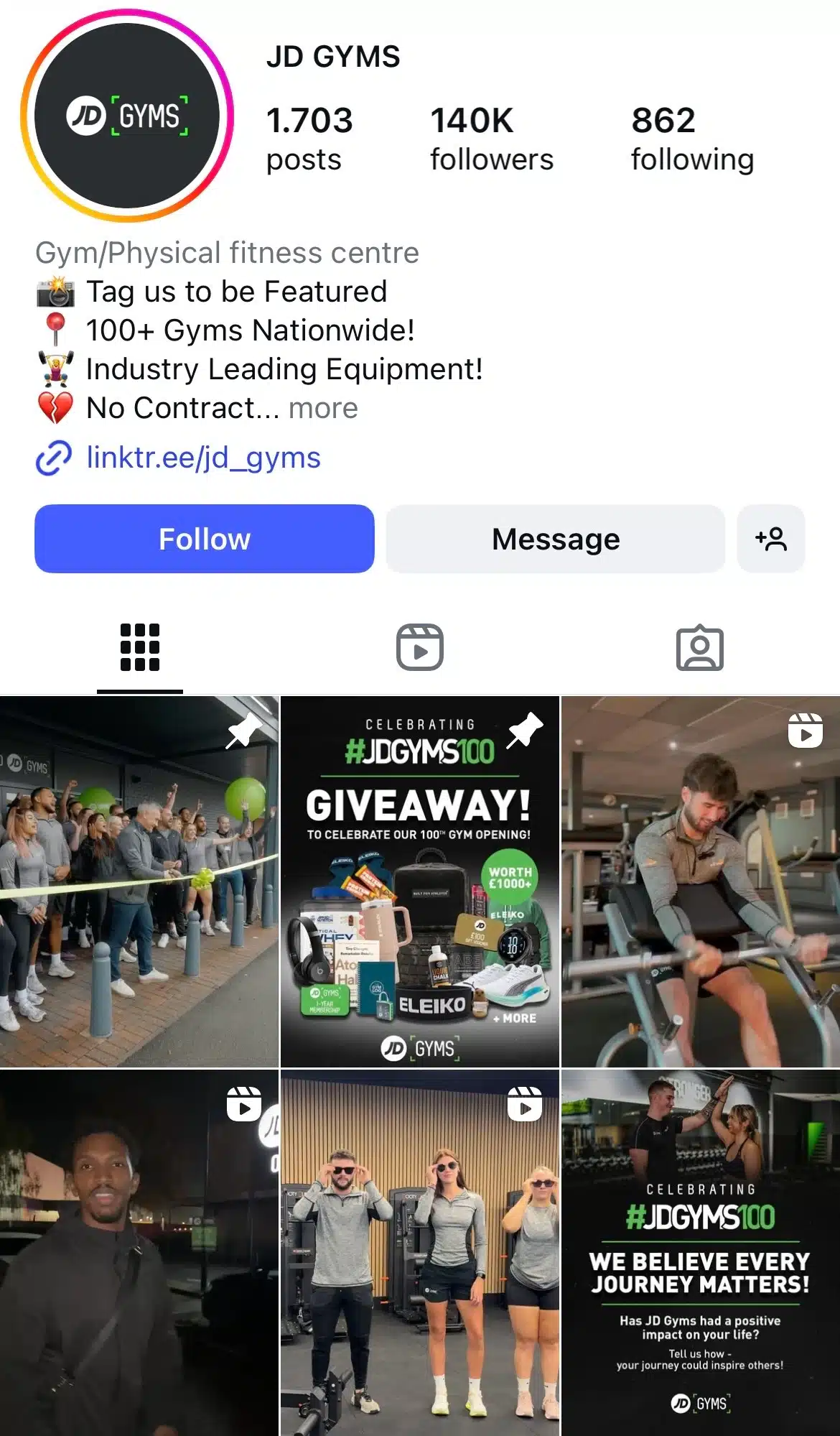 Instagram profile for JD Gyms promoting its nationwide locations, industry-leading equipment, and giveaways, with a grid featuring a ribbon-cutting event, a prize bundle post, and members working out in the gym.