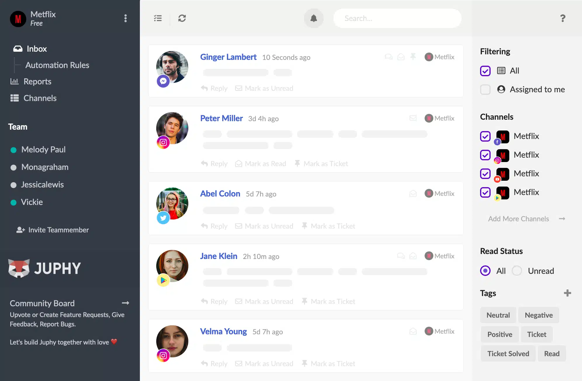 Juphy’s unified social media inbox displaying messages from multiple users across Facebook, Instagram, Twitter, and YouTube, with filtering options, teammate list, and read-status controls on the right panel.