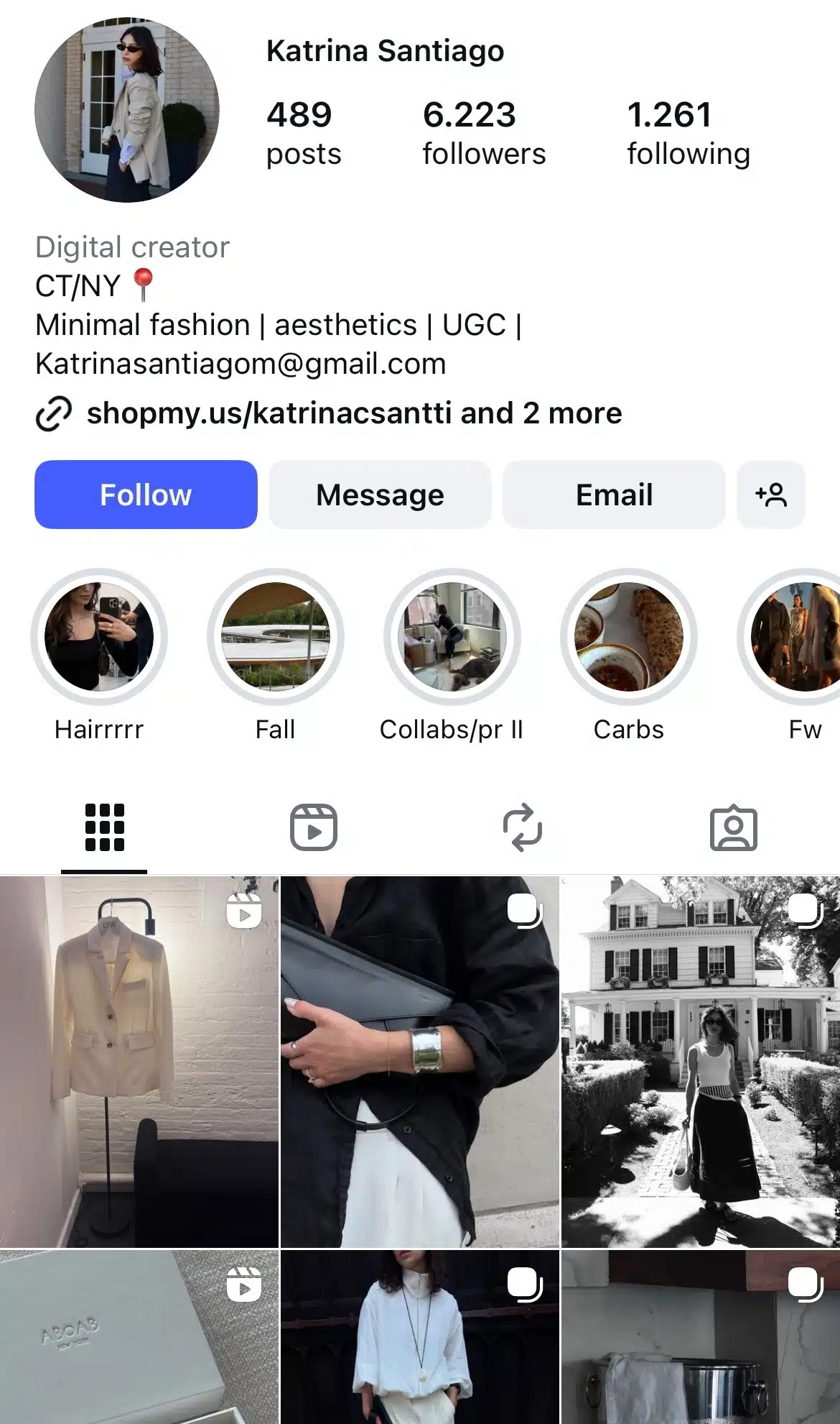 Instagram profile of fashion creator Katrina Santiago featuring minimalist aesthetic story icons and posts highlighting neutral outfits, lifestyle shots, and curated product photography.