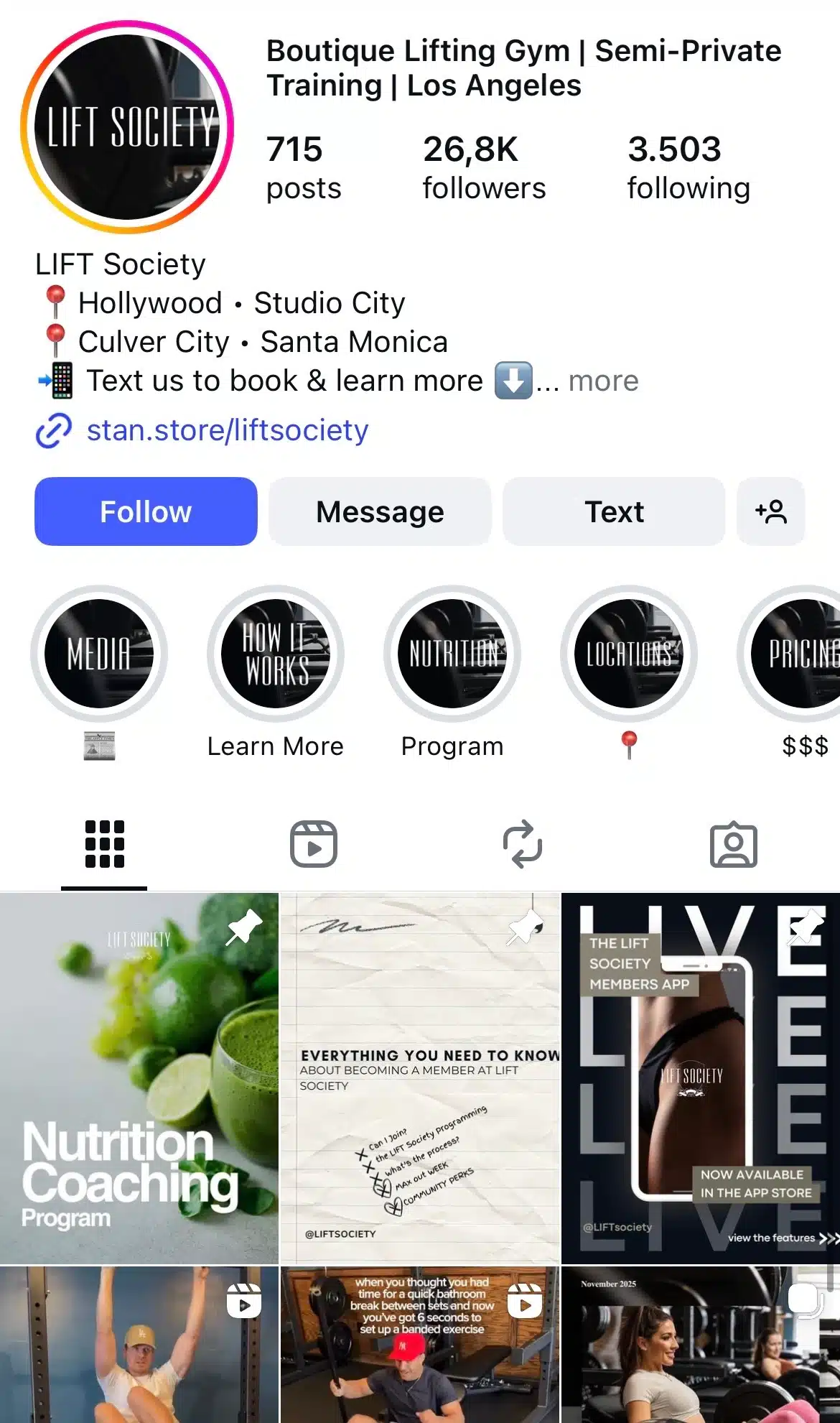 Instagram profile for LIFT Society, a boutique lifting gym with multiple Los Angeles locations, featuring highlights for programs and pricing, and a grid showing nutrition coaching, membership info, training app promotion, and strength-training posts.
