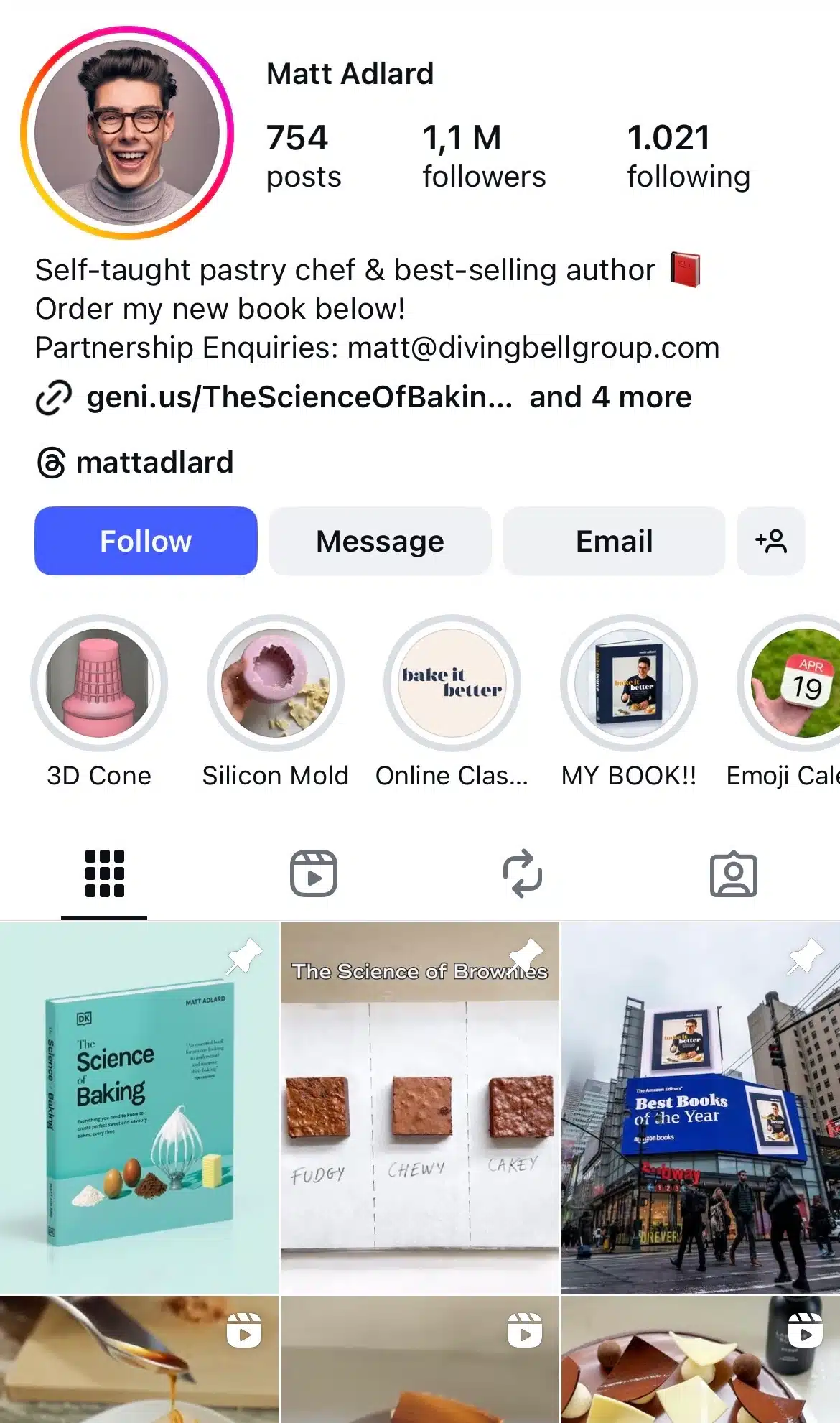 Instagram profile of pastry chef Matt Adlard displaying baking-related story icons and recent posts promoting his cookbook, showing brownie textures, and sharing dessert tutorials.