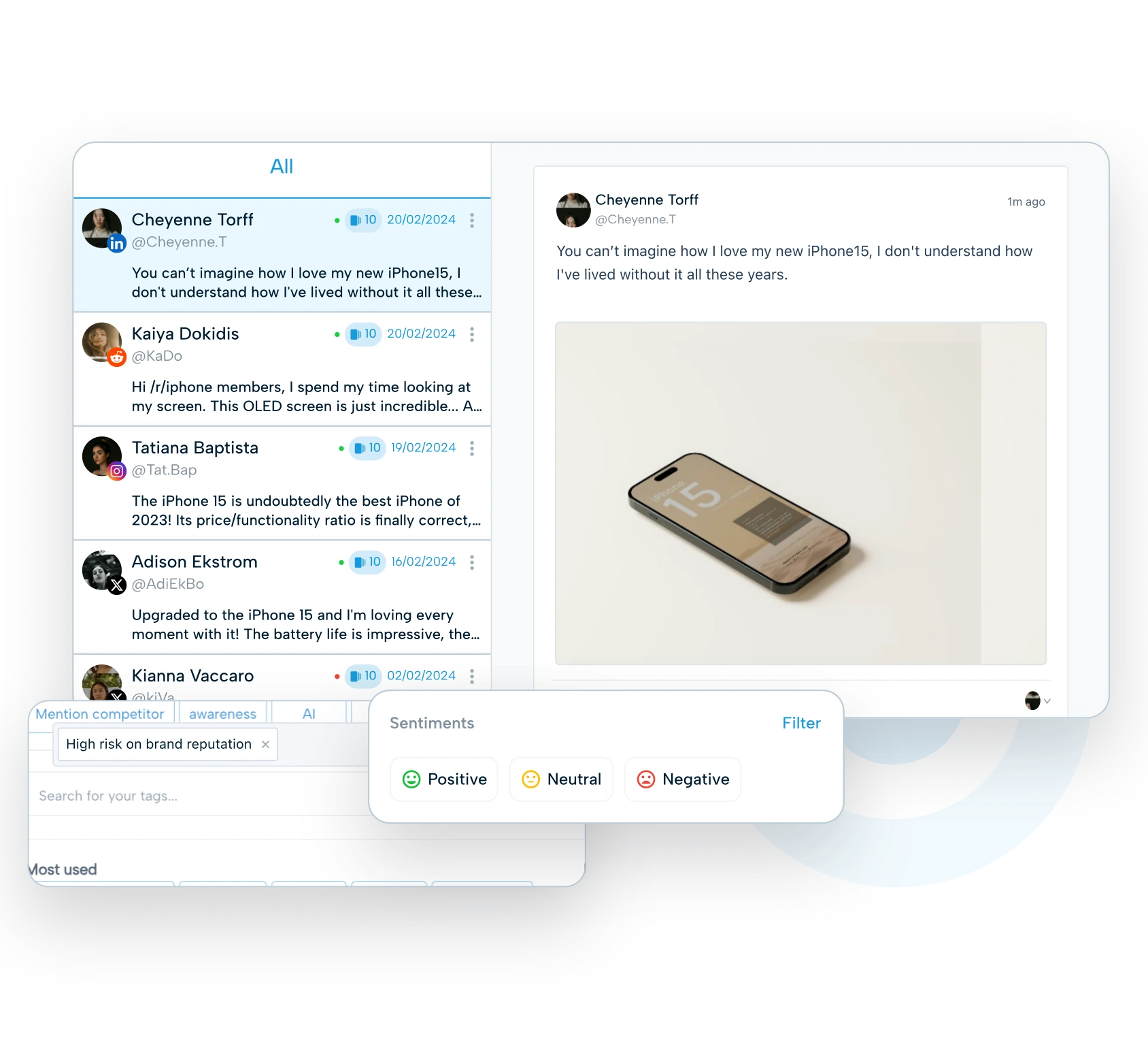 Dashboard showing a list of social media mentions on the left and a detailed post preview on the right. The interface displays user comments about the iPhone 15 and sentiment filters labeled Positive, Neutral, and Negative.