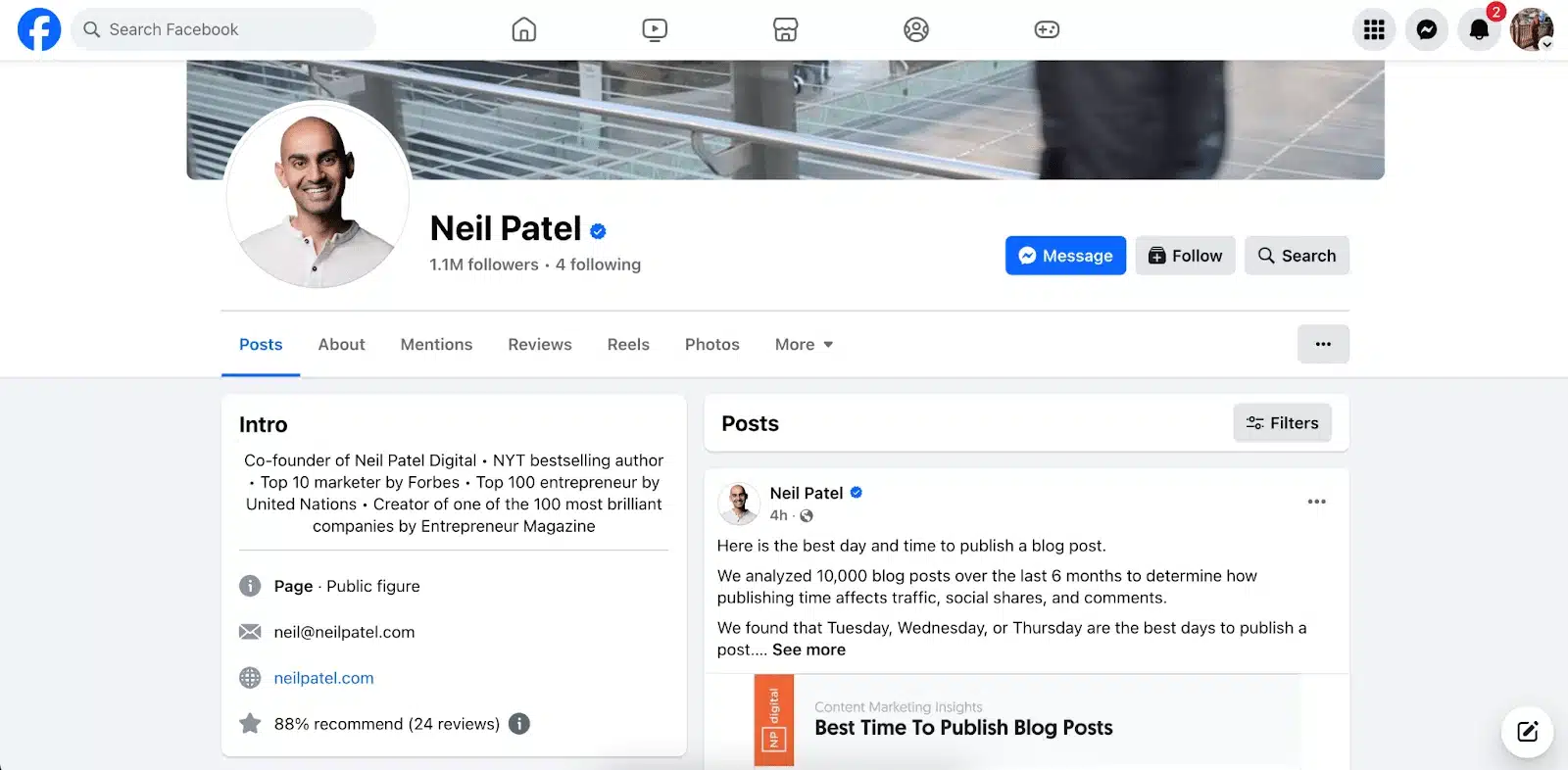 Neil Patel’s Facebook profile showing profile photo, bio with marketing accolades, and a recent post about the best time to publish blog posts.