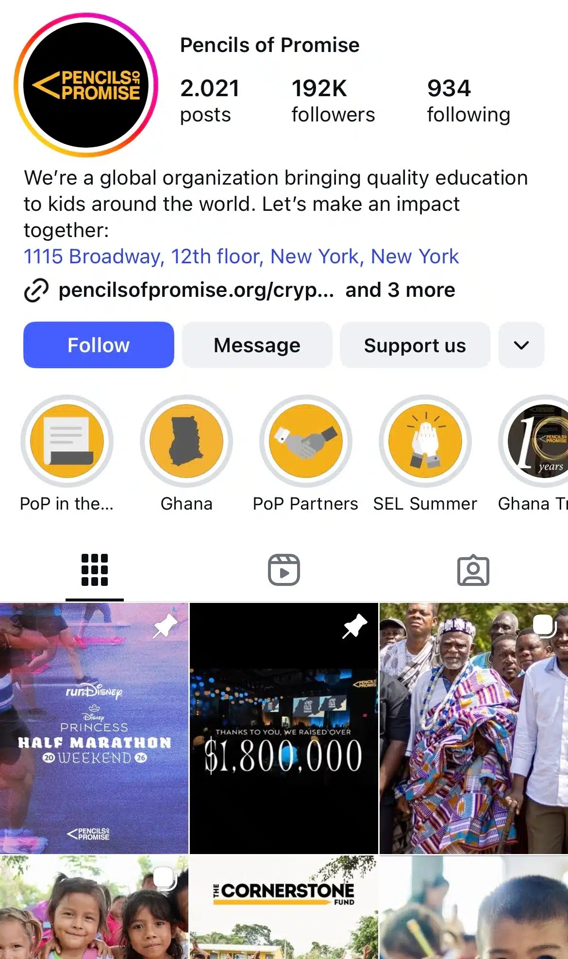 Instagram profile for Pencils of Promise featuring education-focused highlights and posts about fundraisers and global school programs.