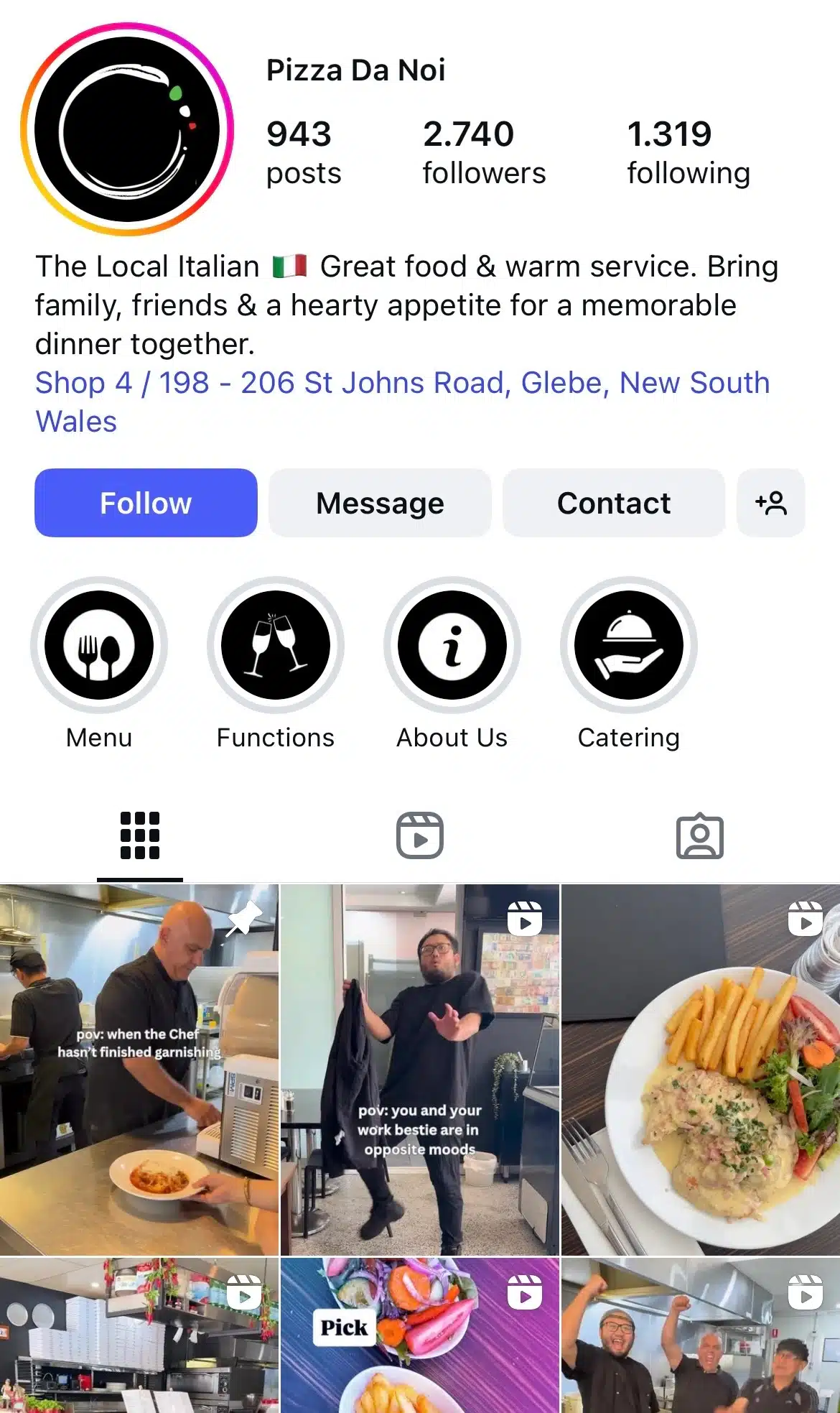 Instagram profile for an Italian restaurant highlighting its menu, functions, about section, and catering options, with a grid of posts showing kitchen scenes, pasta dishes, and staff moments.