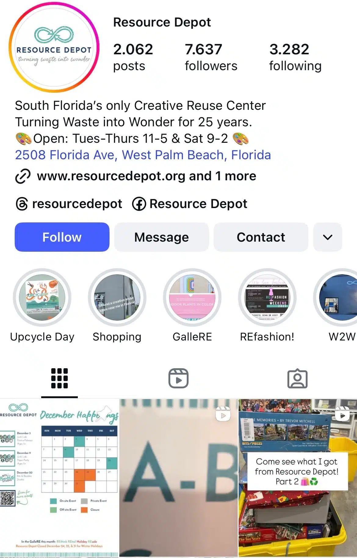 Instagram profile for Resource Depot with reuse-and-upcycling highlights and posts showing events, workshops, and repurposed materials.