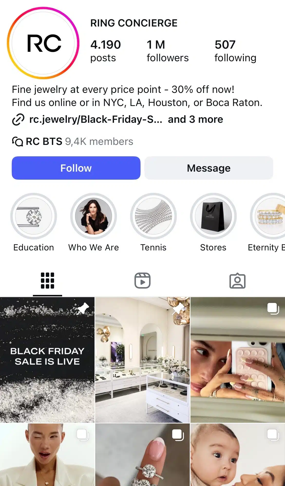 Instagram profile for jewelry brand Ring Concierge, featuring a bio about fine jewelry and store locations, story highlights for education and product categories, and a grid showing Black Friday promotions, showroom interior photos, diamond rings, and lifestyle imagery.