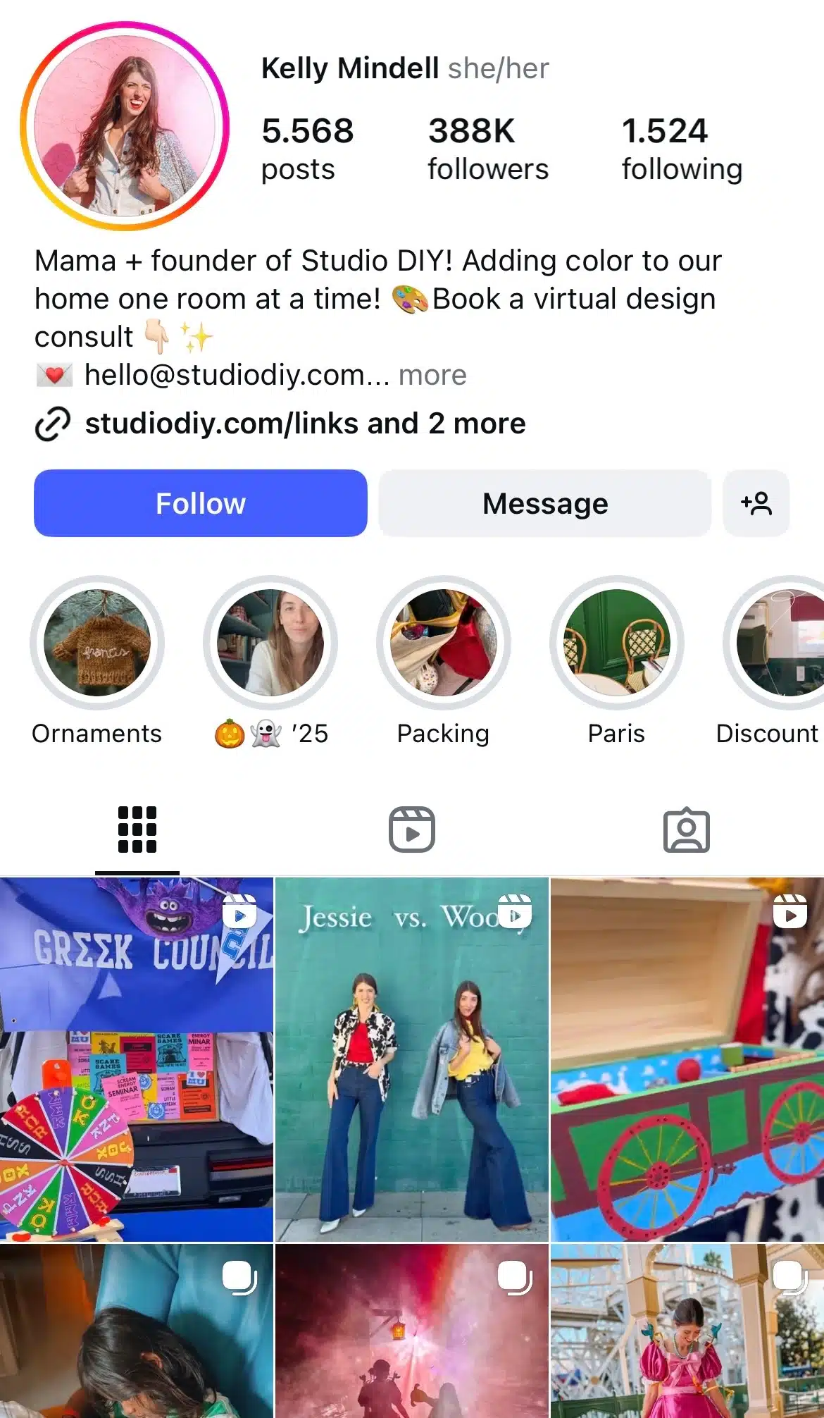 Instagram profile for Studio DIY showcasing colorful home projects and creative lifestyle content, with story highlights for ornaments, packing, and travel, and a grid featuring vibrant crafts, fashion posts, and playful family moments.