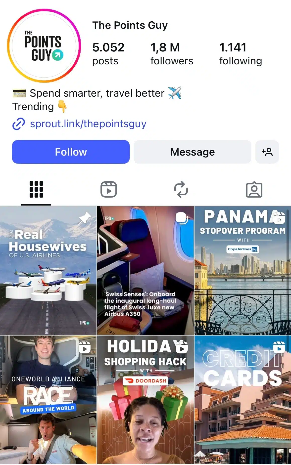 Instagram profile for The Points Guy focusing on travel rewards and airline insights, with a grid featuring airline comparisons, luxury cabin reviews, stopover guides, travel hacks, and credit card tips.