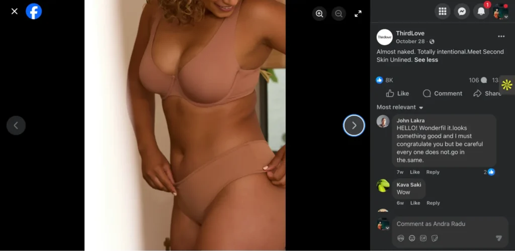 Person wearing a neutral-toned bra and underwear set, photographed indoors with soft lighting, shown from shoulders to thighs.