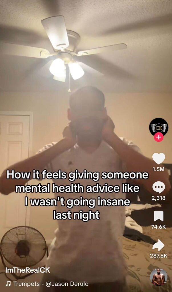 Man dancing in a bedroom, with text joking about giving mental health advice despite struggling himself.