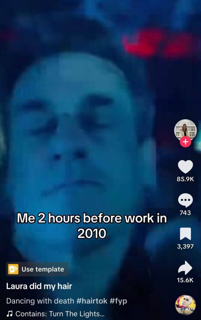 A blue-tinted close-up of Jon Hamm’s face with his eyes closed, dancing in the club, paired with the caption “Me 2 hours before work in 2010.”