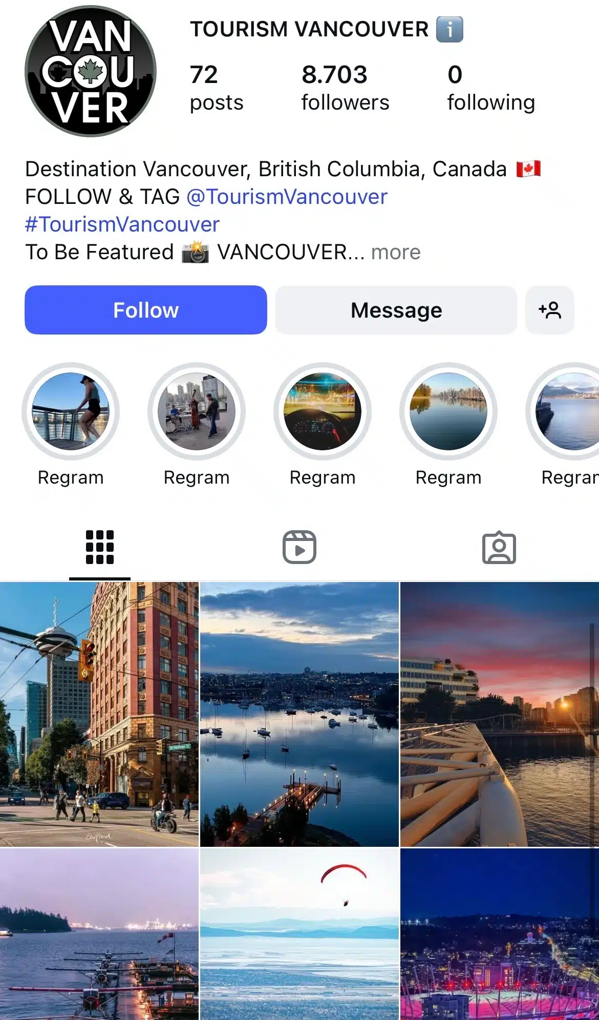 Instagram profile for Tourism Vancouver showcasing scenic locations around Vancouver, with story highlights of user-shared content and a grid of waterfront views, sunsets, cityscapes, seaplanes, and outdoor activities.