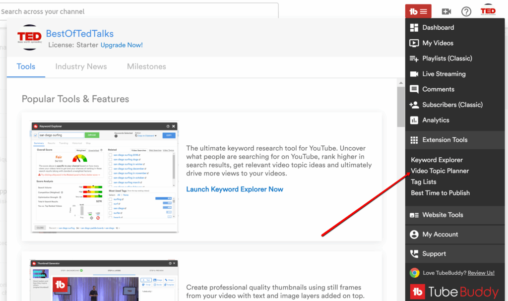 TubeBuddy dashboard showing the Tools menu with options like Keyword Explorer, Video Topic Planner, Tag Lists, and Best Time to Publish.
