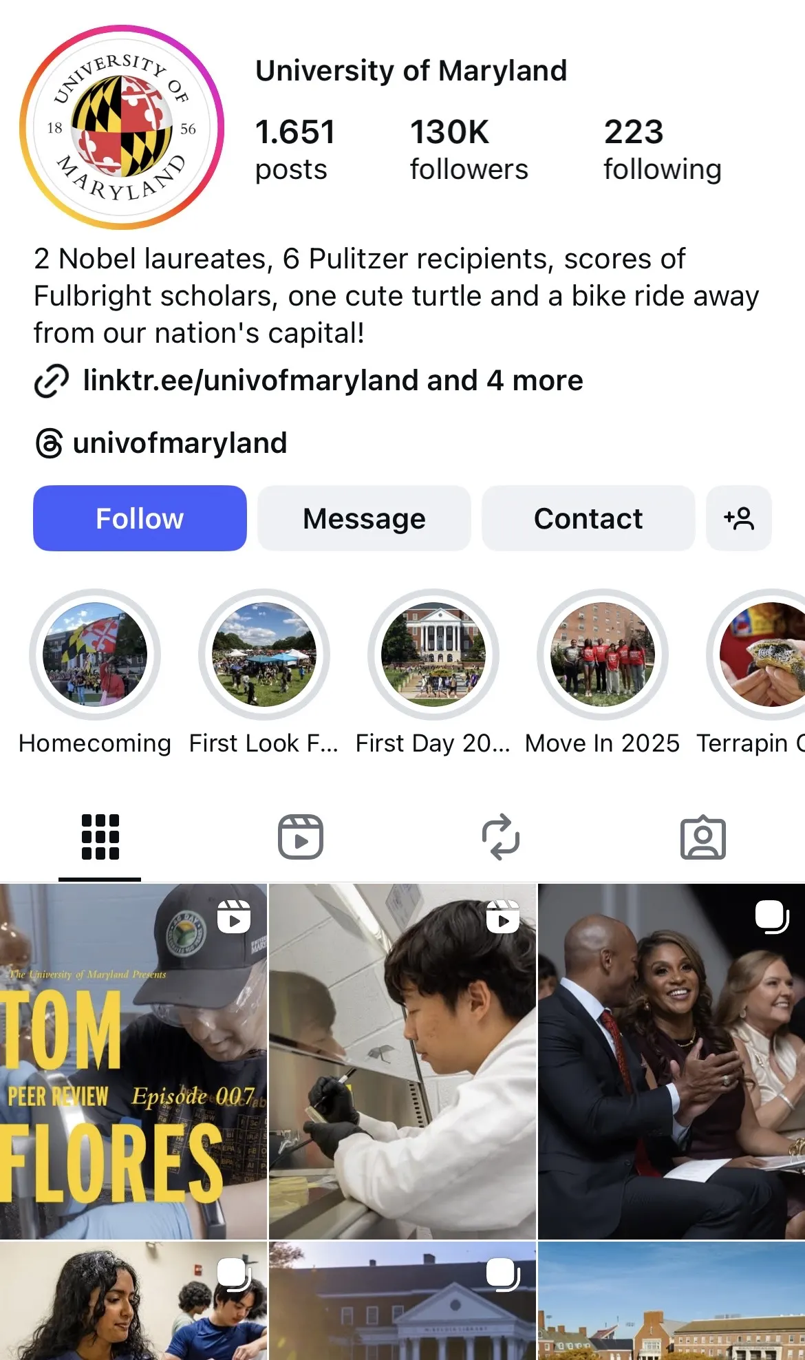 Instagram profile of the University of Maryland showing its bio, campus highlight story icons, and recent posts featuring students, research labs, and campus events.