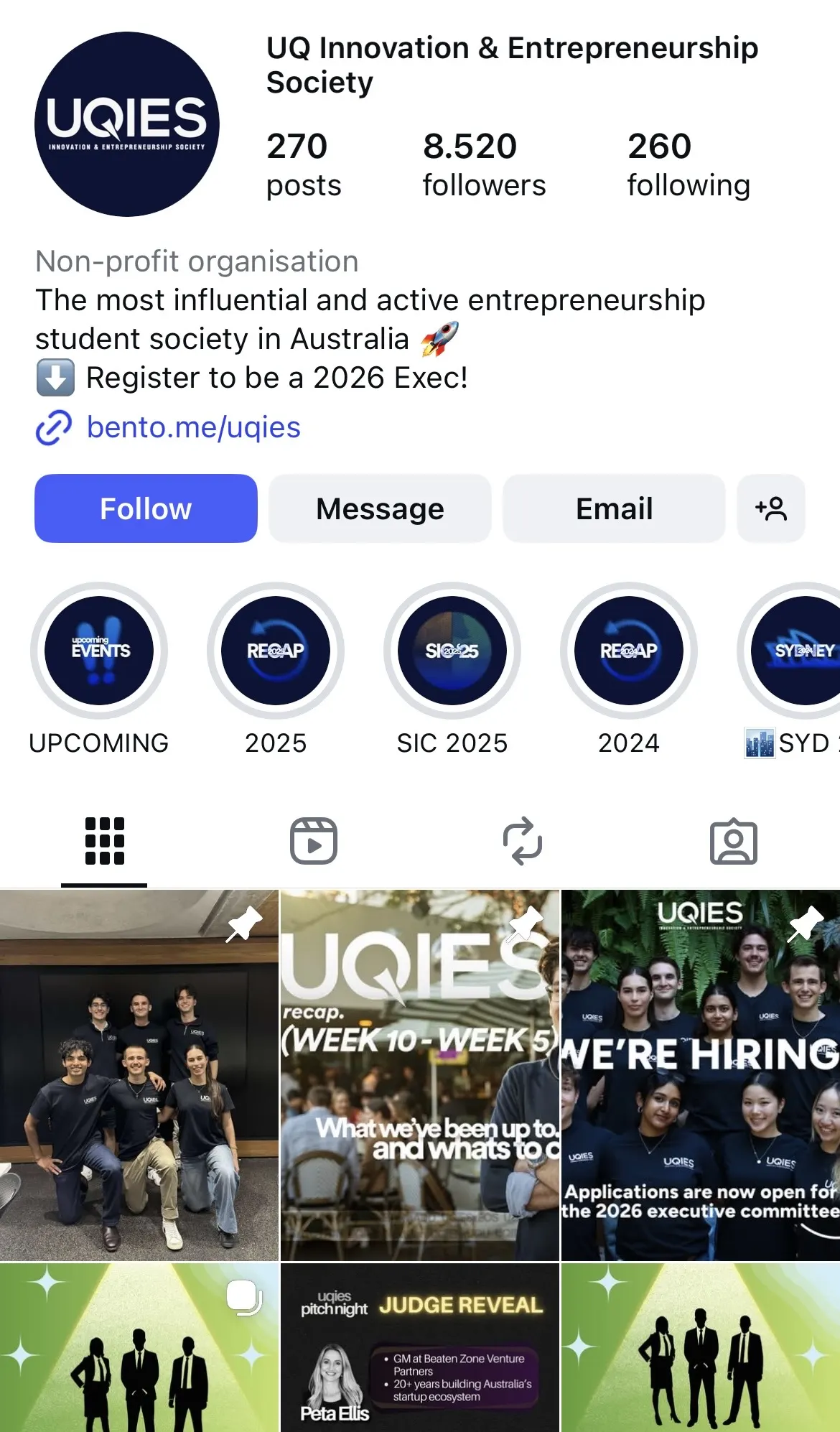 Instagram profile of the UQ Innovation & Entrepreneurship Society displaying event story icons and recent posts featuring student teams, program recaps, and hiring announcements for the 2026 executive committee.