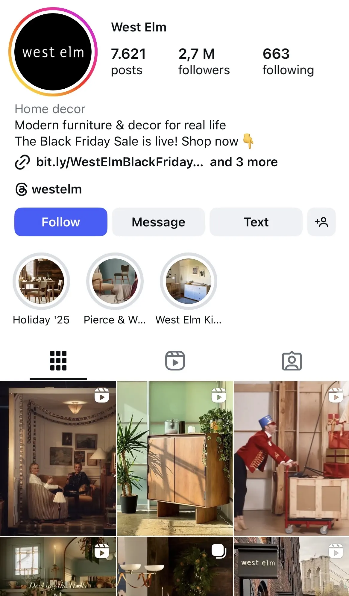 Instagram profile for West Elm highlighting modern home decor and furniture, with holiday story highlights and a grid showing styled living spaces, seasonal decor, wooden cabinetry, and behind-the-scenes seasonal setups.