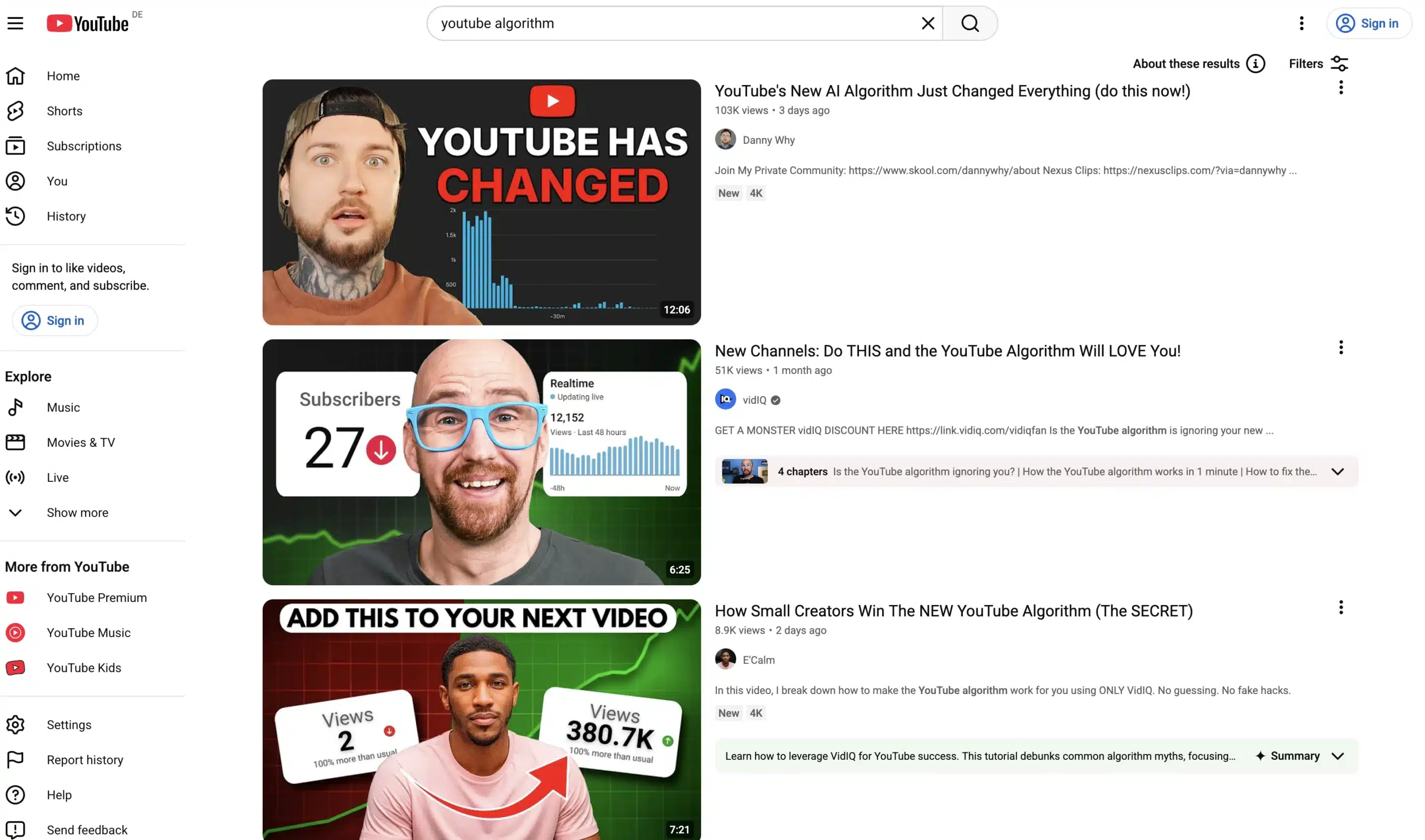YouTube search results for “YouTube algorithm,” displaying multiple videos about algorithm changes, creator growth strategies, and how YouTube recommends content to users.