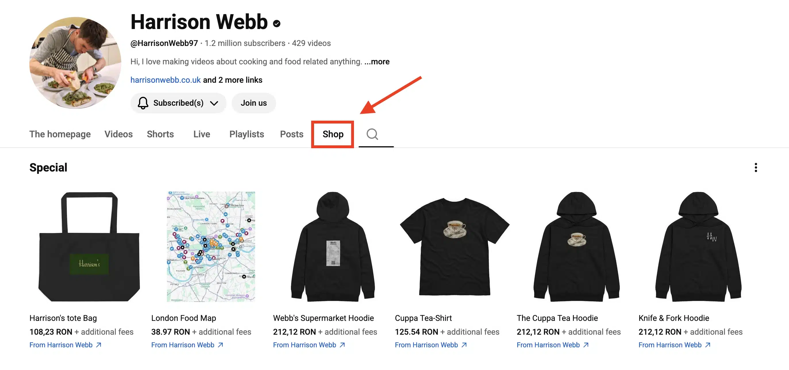 YouTube channel page for Harrison Webb showing the highlighted “Shop” tab and a merchandise section with branded items such as hoodies, T-shirts, a tote bag, and a London food map available for purchase.